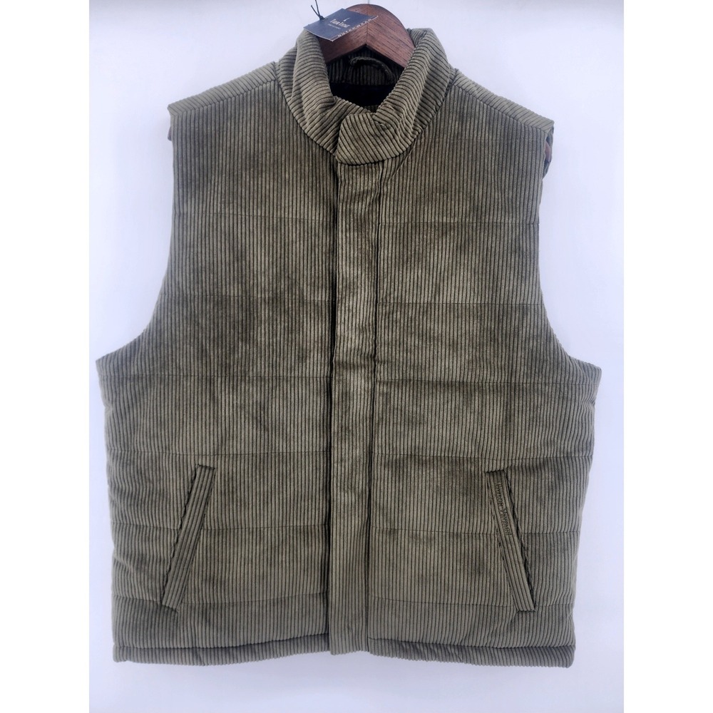 Tailor Vintage Mens L Corduroy Puffer Vest Army Green Full Zip Pockets Outerwear